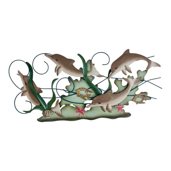 Metal Dolphin Fish Wall Art Large 13x29” Nautical Sea Fish Family Decor Vtg - Picture 1 of 7